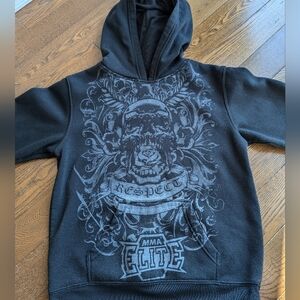 Vintage MMA Elite Y2K Dark Goth Grunge Mens Fleece Line Hoodie Size M Big Skull